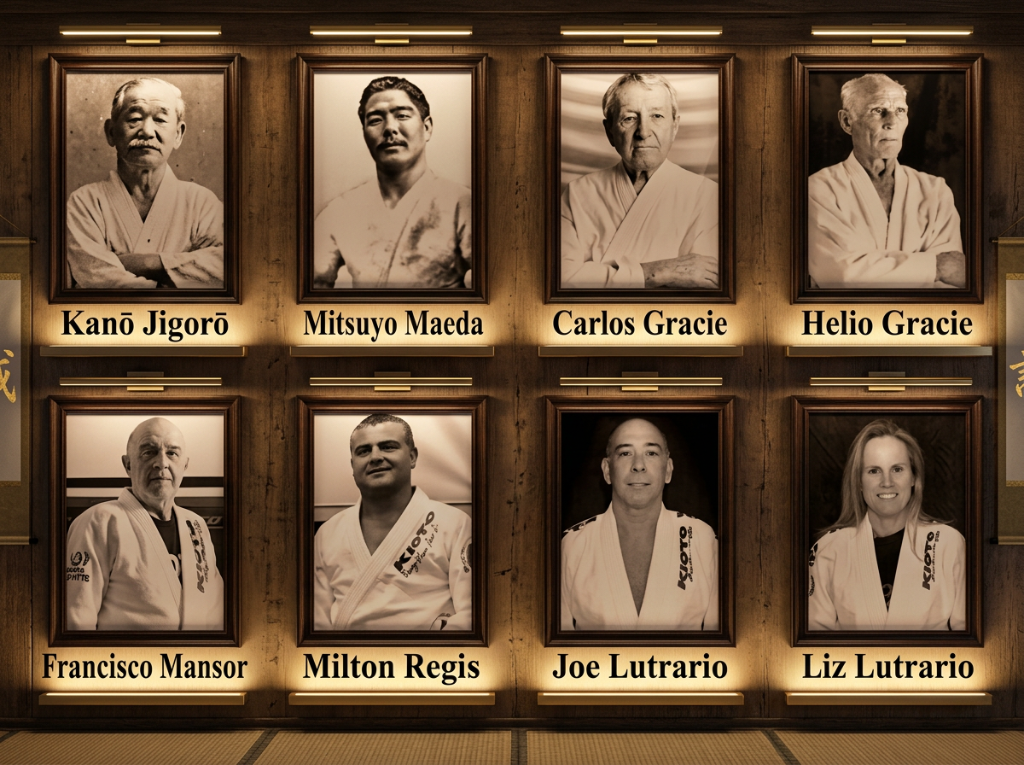 The lineage wall — from Kano Jigoro and the Gracies to Master Mansor, Master Regis, and Professors Joe & Liz Lutrario
